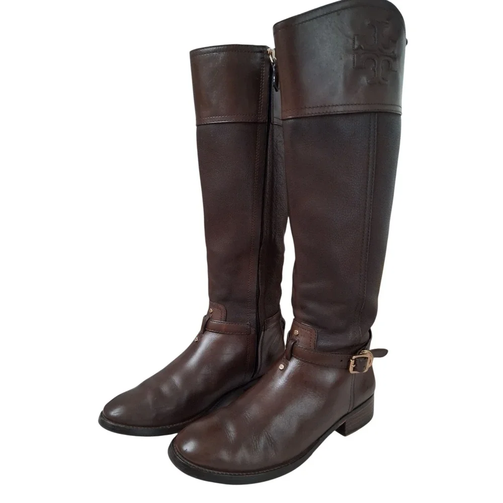 Tory Burch Brown Leather Riding Equestrian Buckle Knee High Boots Women's Size 7